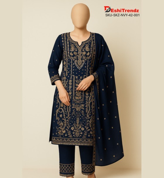 Deep Navy Blue Chiffon Salwar Kameez with Silver-Gold Embroidery | Wedding  & Evening Wear